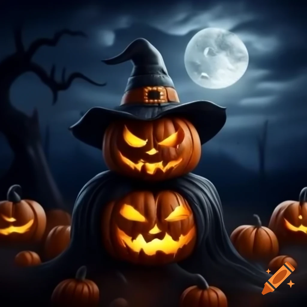 Scary Halloween scene with pumpkin, tree, and moon against a dramatic sky