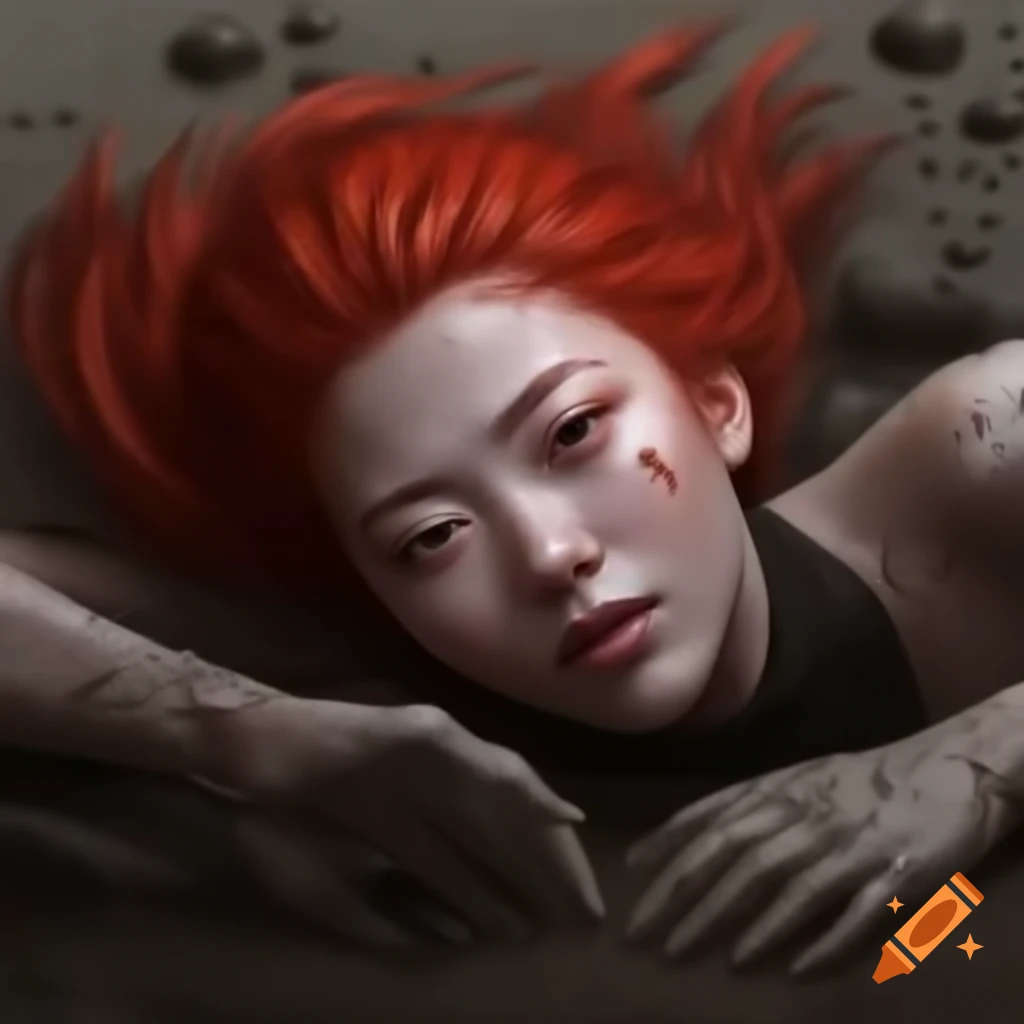 Japanese woman with red hair and freckles lying down outdoors