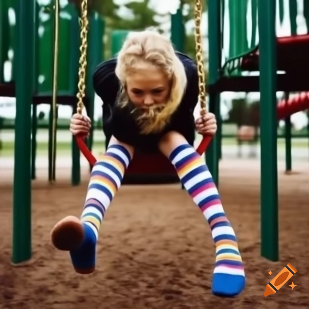 Woman swinging in playground showcasing colorful striped ankle socks