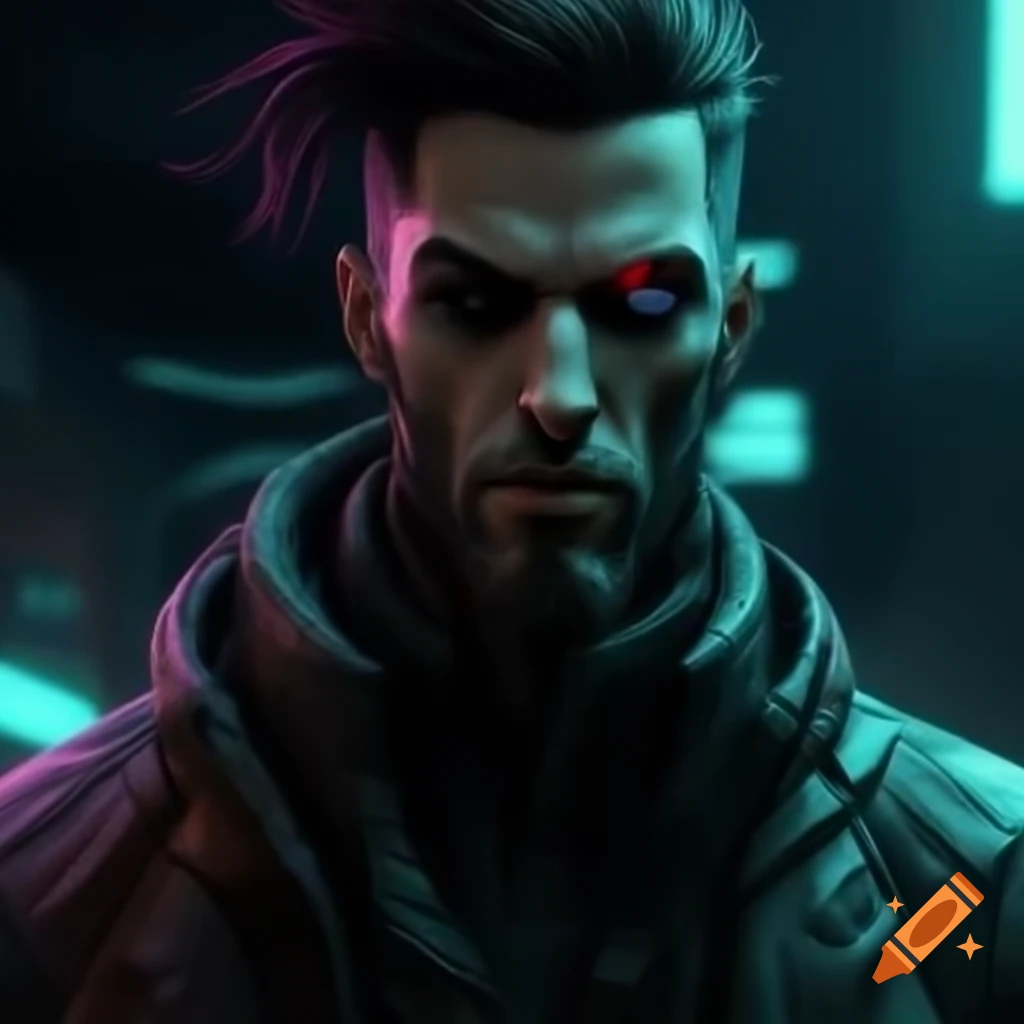 Illustrative dark style depiction of a cyberpunk character