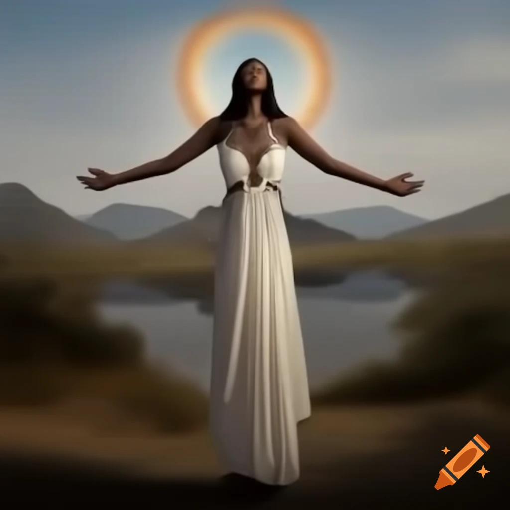 Ethnic feminine figure symbolizing wisdom in serene natural landscape
