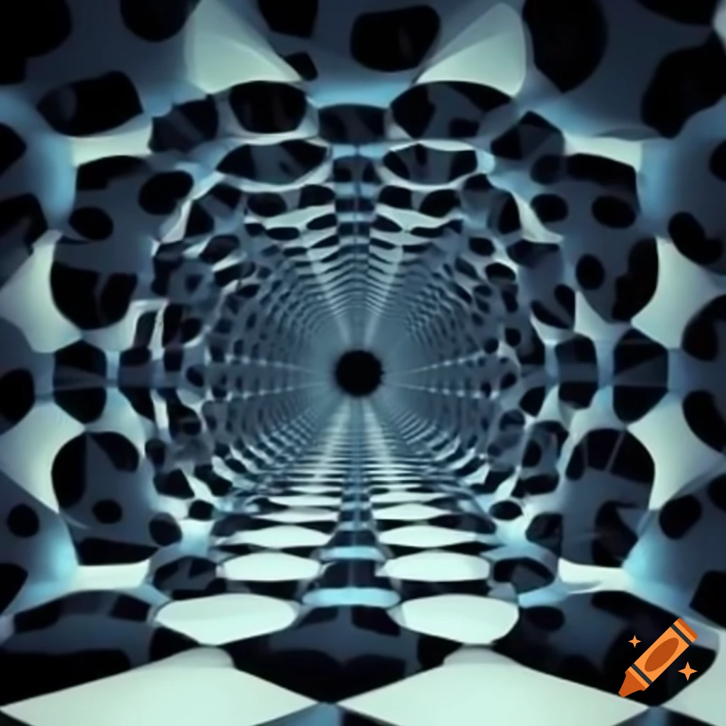 Hyperbolic expansive space depicting bending space-time with multicolored checkerboard floor