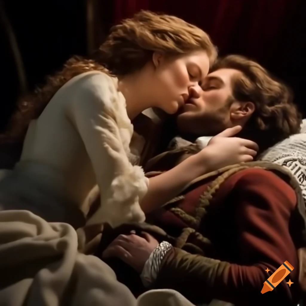 Historical scene of heiress kissing captain in 18th-century England