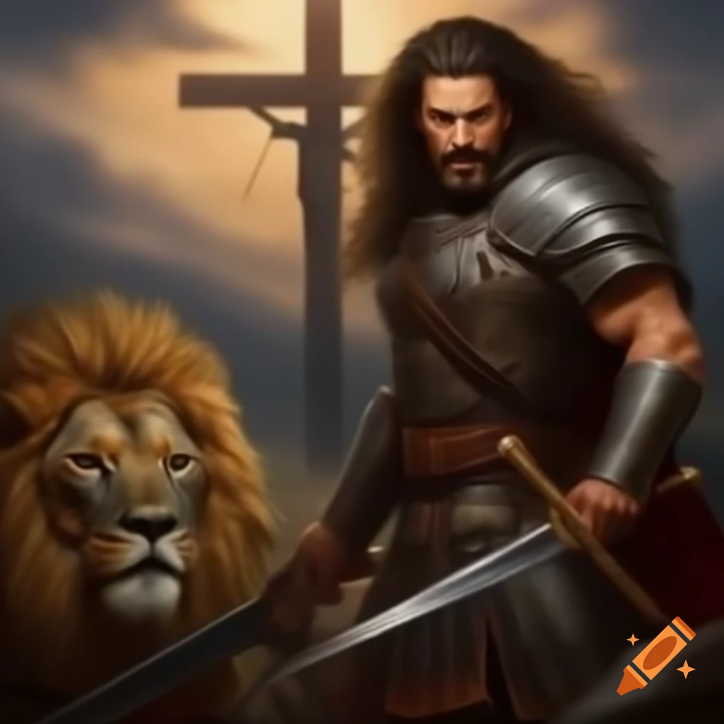 Christian warrior with sword beside lion and cross background