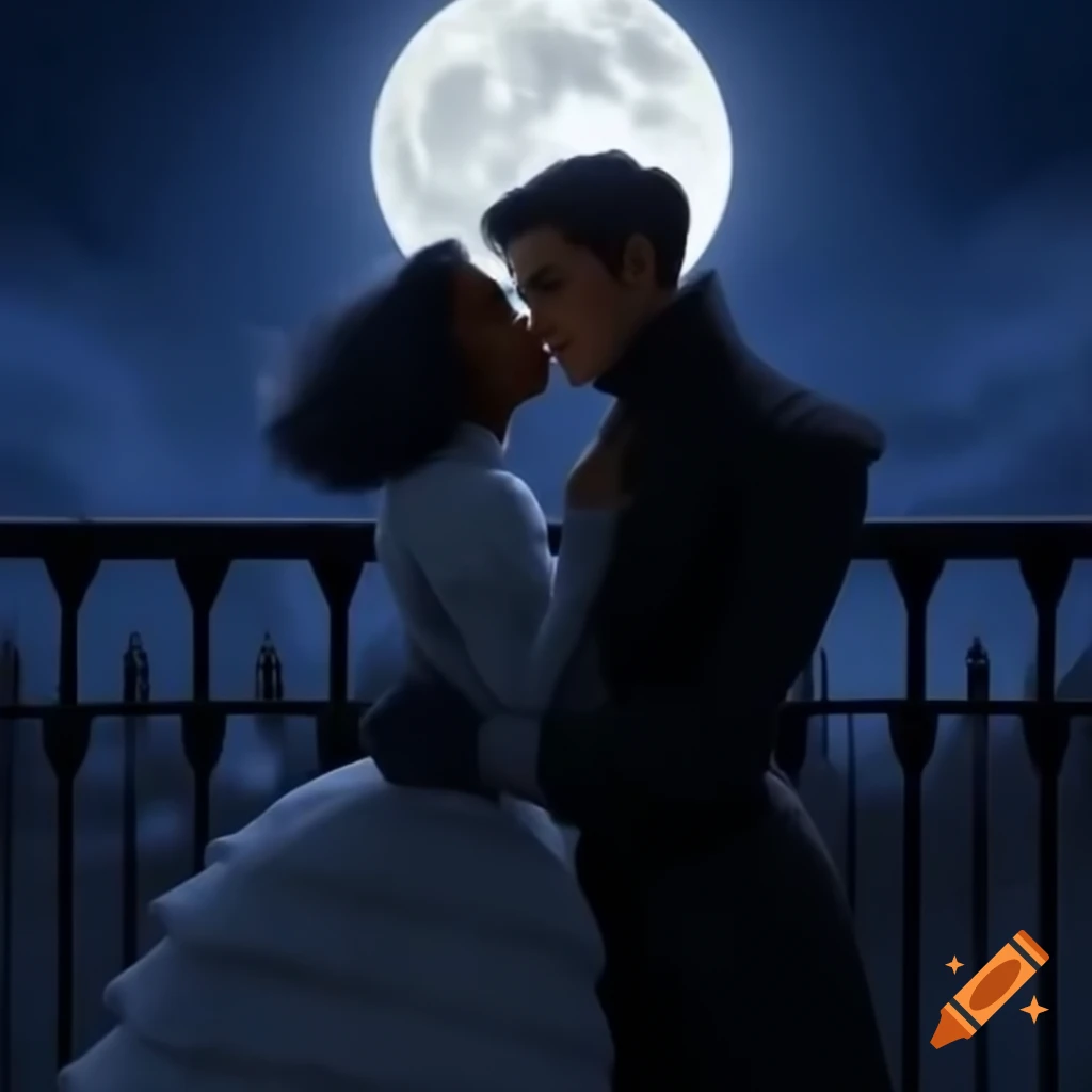 Victorian couple embracing on balcony under full moon