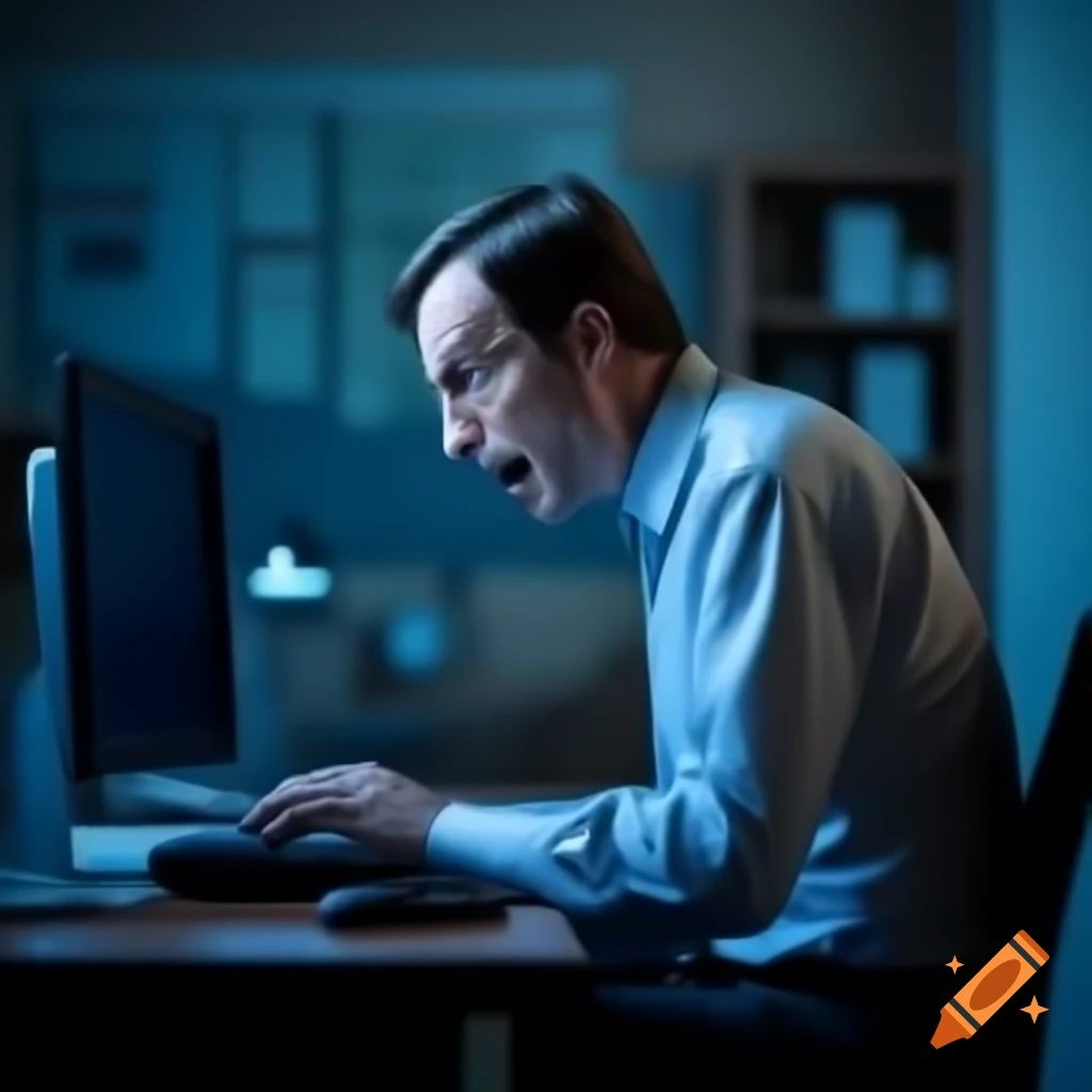 Disgruntled man working on computer