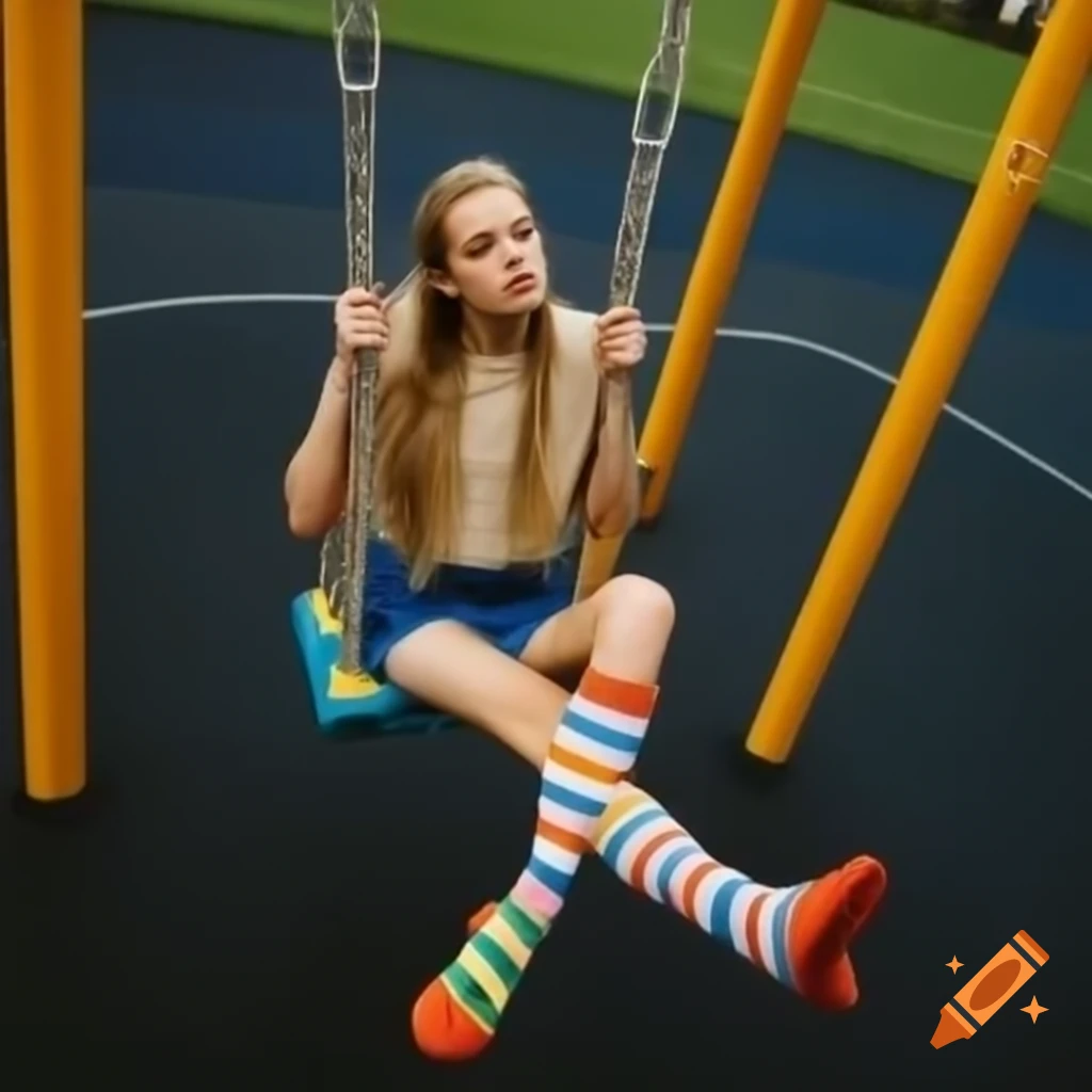 Woman swinging in playground showcasing colorful striped ankle socks