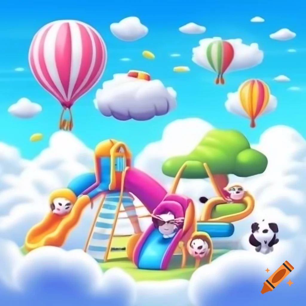 Whimsical playground in clouds with colorful slides and friendly animals