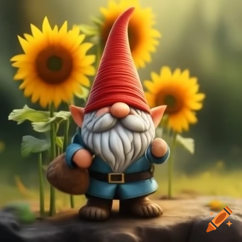 Gnome surrounded by vibrant sunflowers