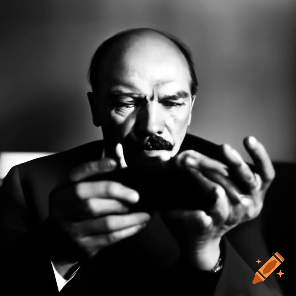 Vladimir Lenin holding smartphone with a fearful expression