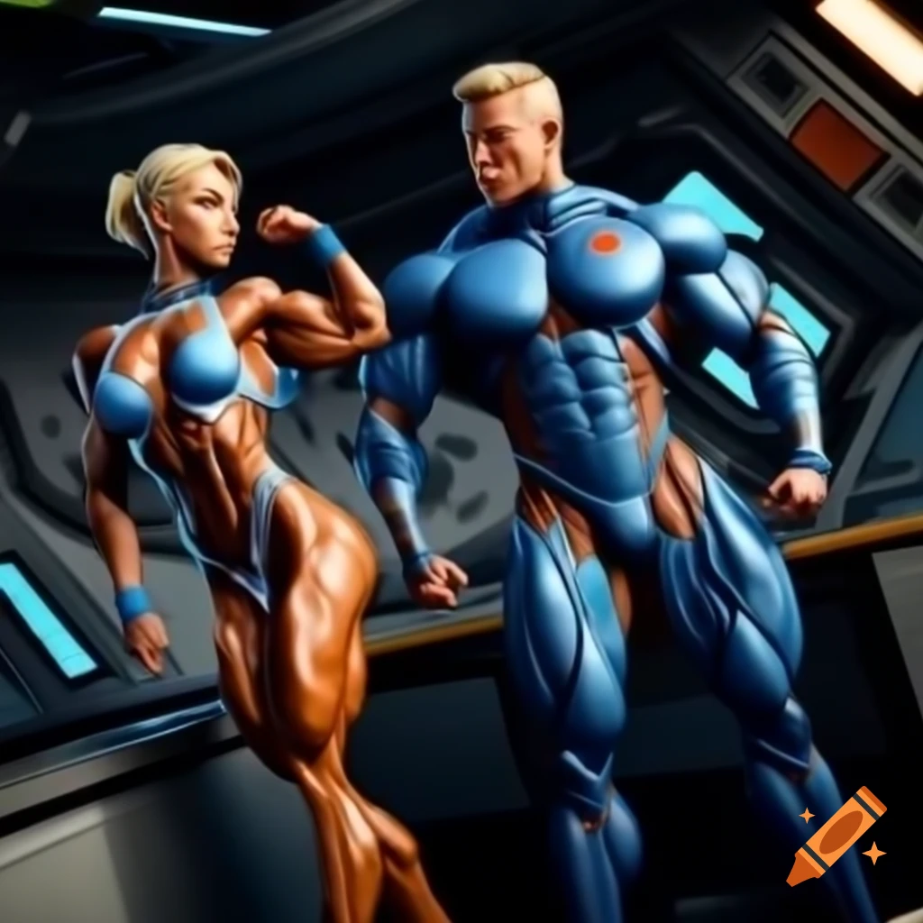 Blonde bodybuilder cyborg couple in spaceship working on laptop