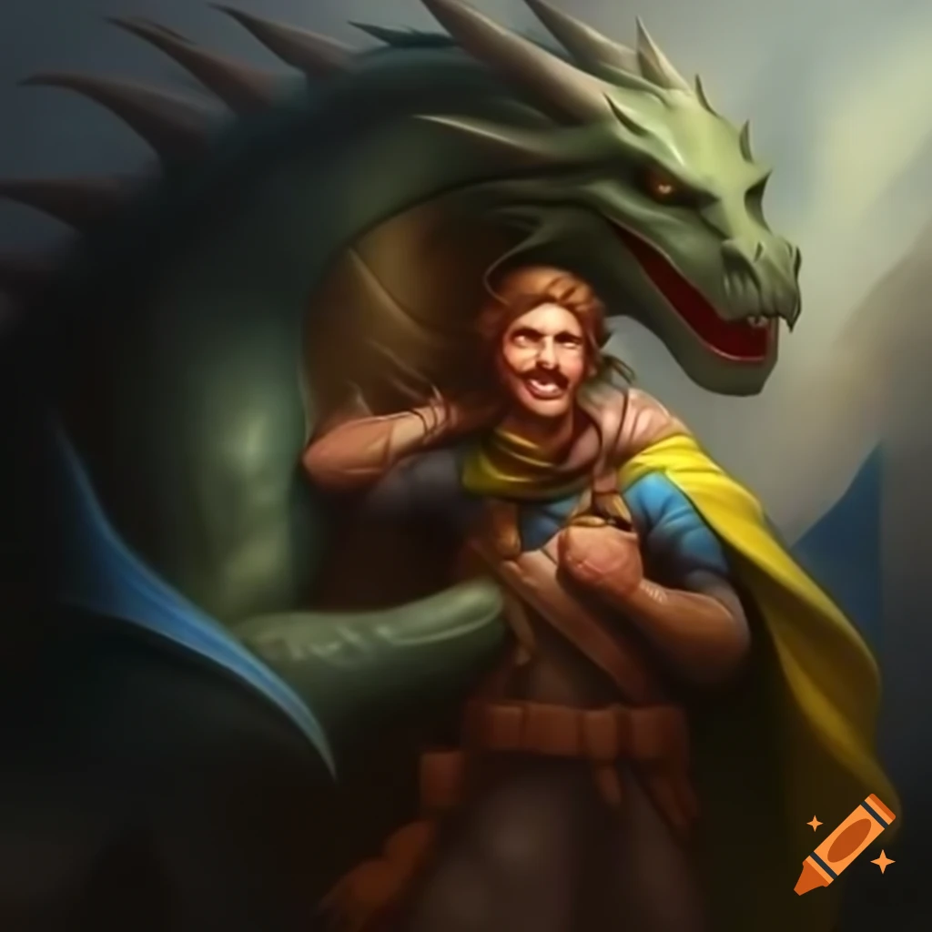 Ukrainian soldier joyfully hugging a large dragon