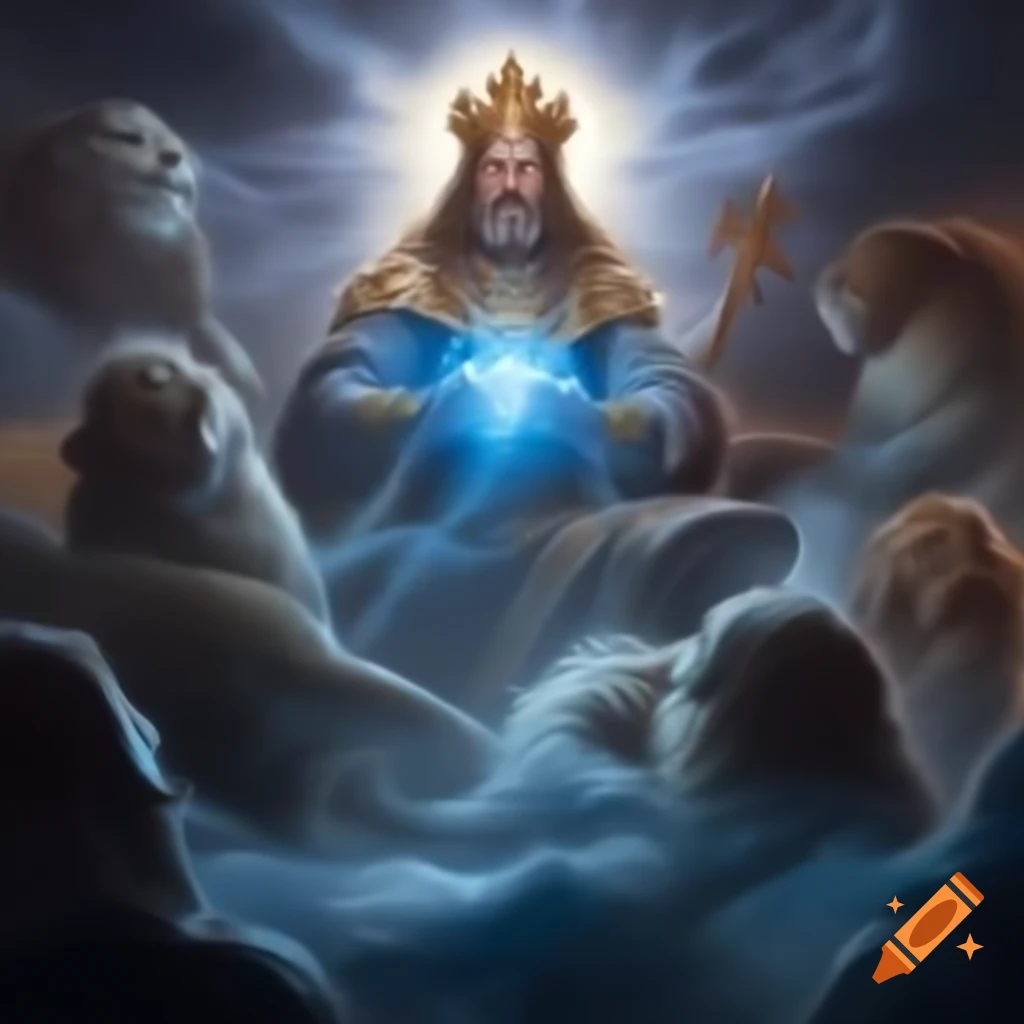 Supreme being surrounded by divine sky and blue glass holy water throne