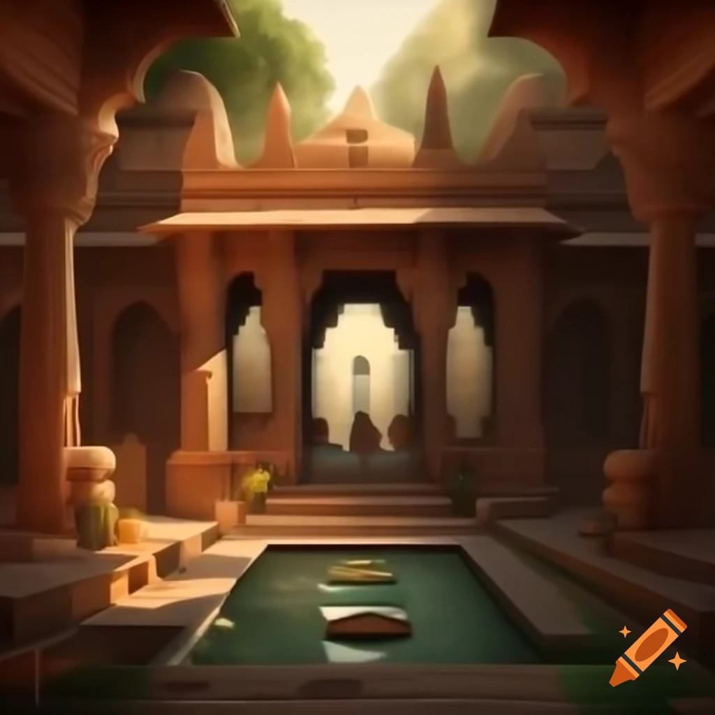 Illustration of ancient Indian public bathhouse with intricate carvings