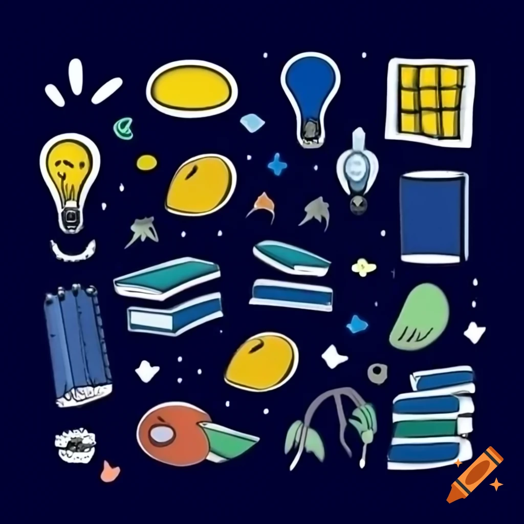 Playful Educational themed Doodle Set With Books Pencils Light Bulbs playful-educational-themed-doodle-set-with-books-pencils-light-bulbs