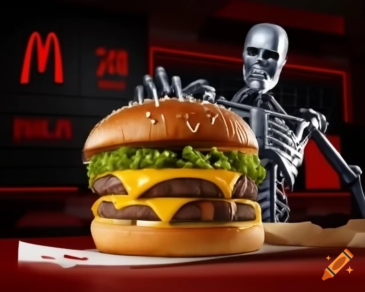 Terminator character ordering a cheeseburger at McDonald's