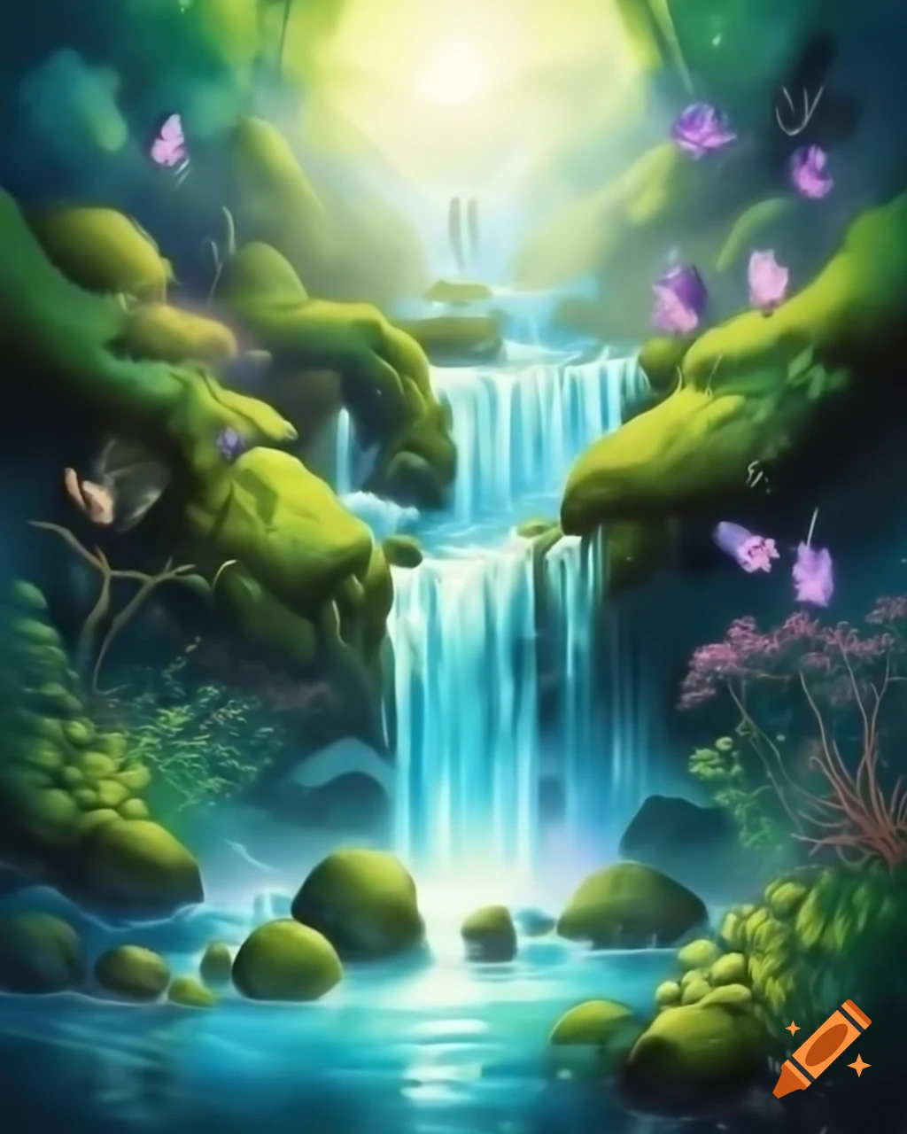 Vibrant watercolor painting of breathtaking landscape with waterfall and moss-covered rocks