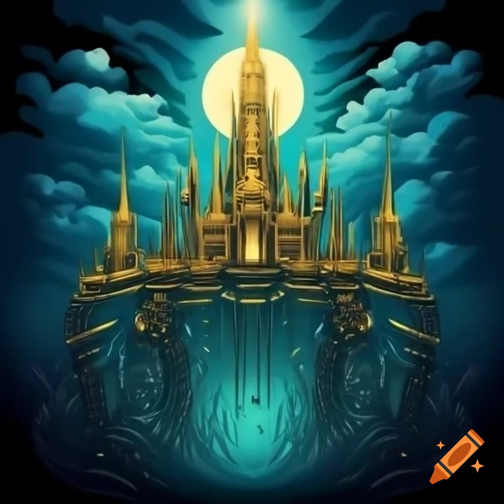 Fantasy underwater city with golden palace and spires rising from ocean depths