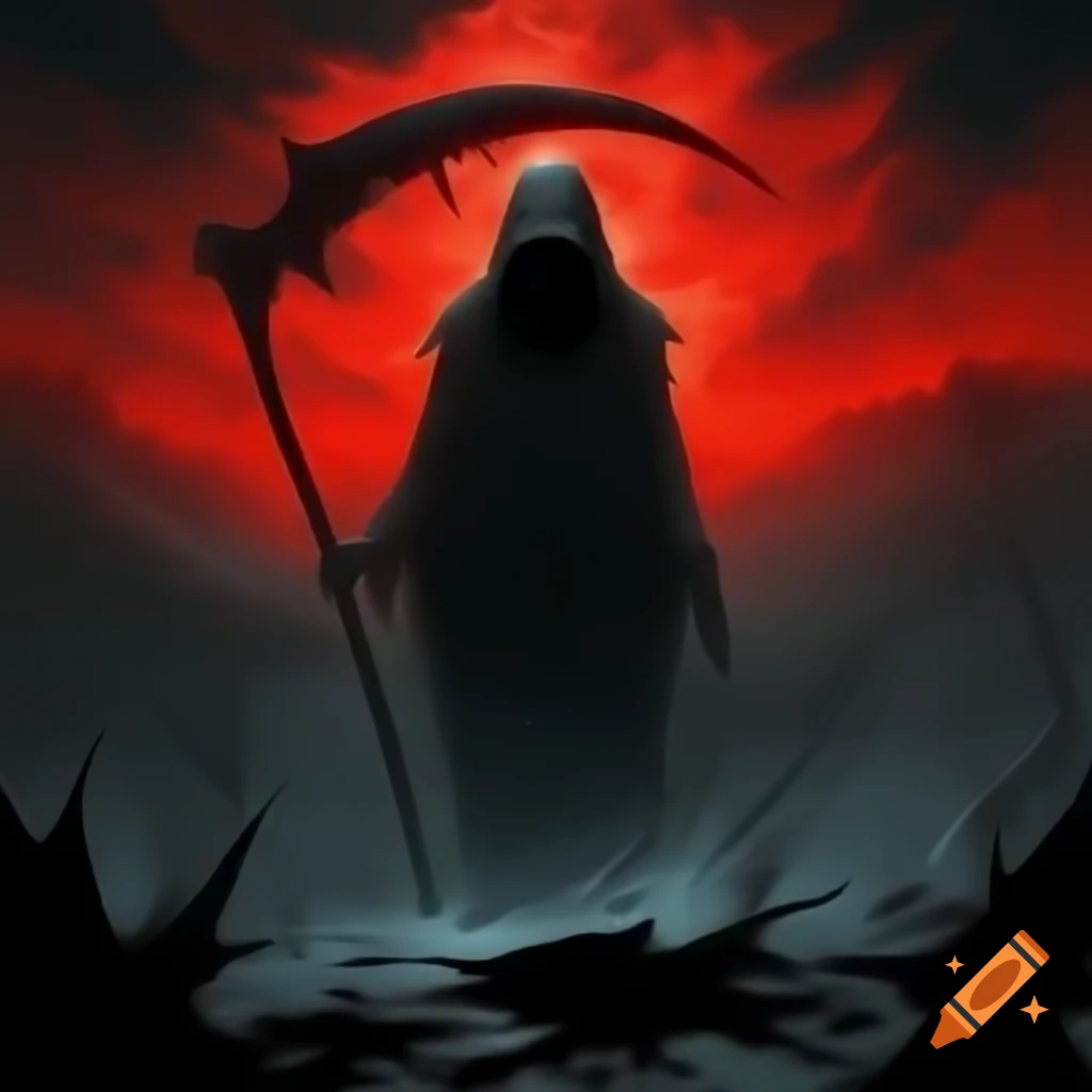Grim Reaper emerging in shadows against blood-red sky