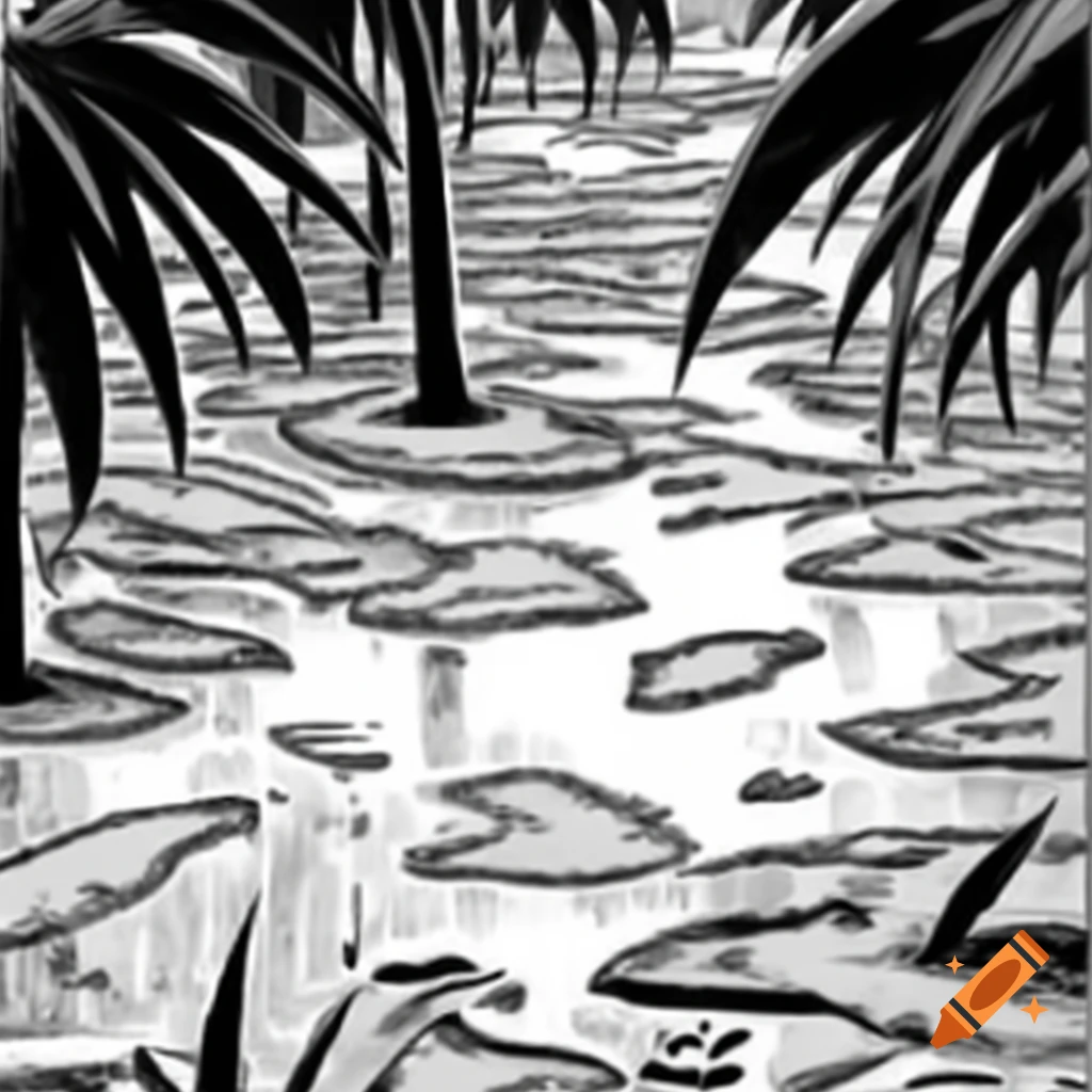 Floor with puddles and cut down palm leaves