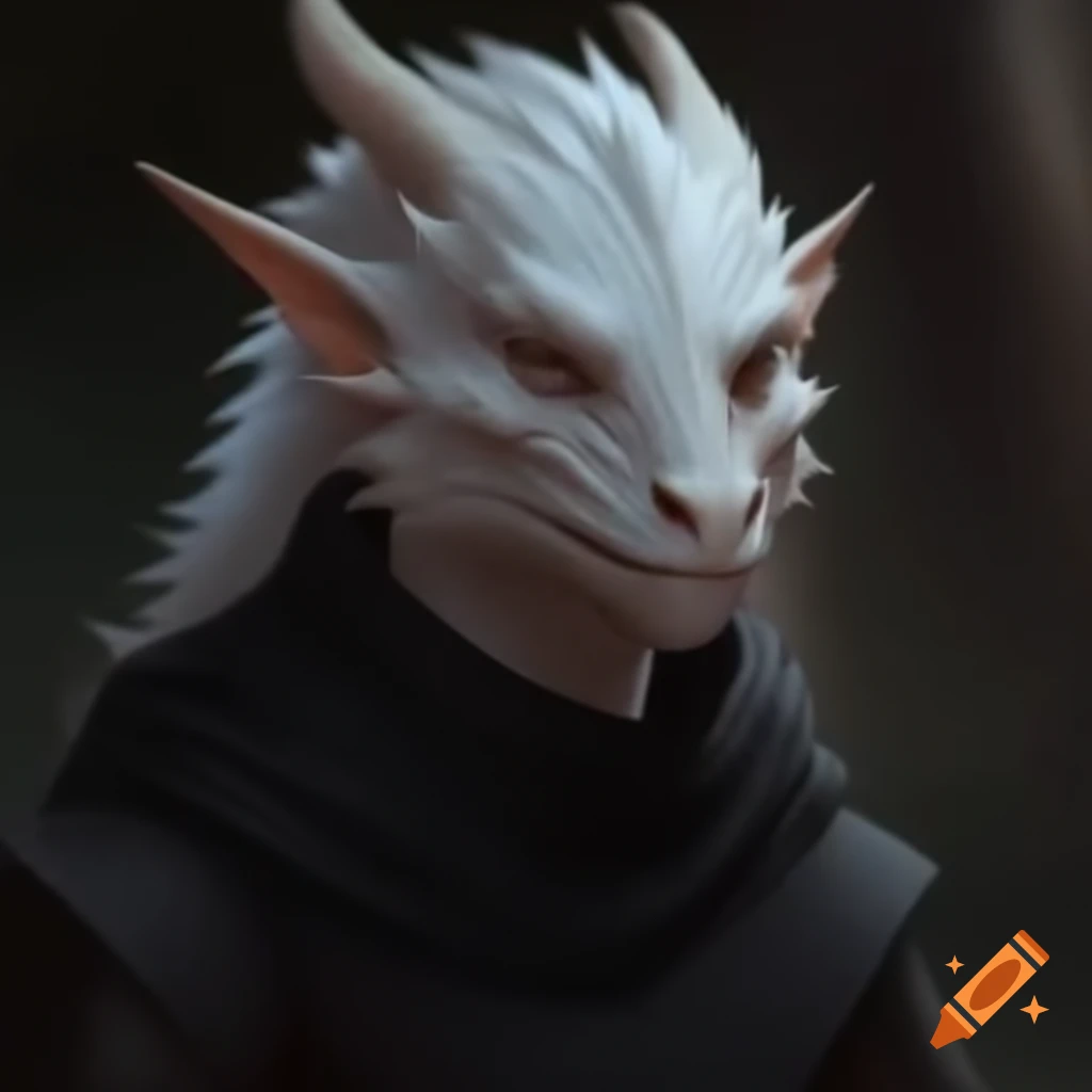 White dragonborn woman in black monk's cowl