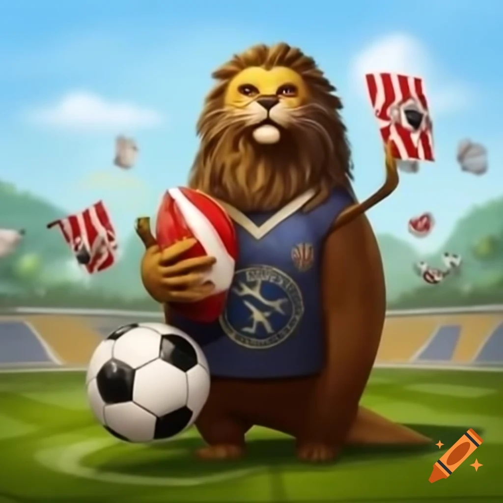 Sea lion with lion-like mane playing soccer in a kit