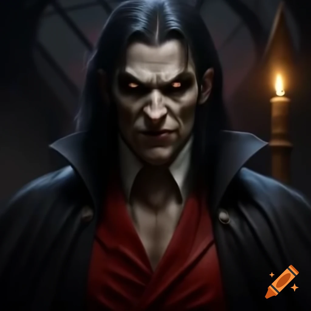 Vampire in red and black robes with a wooden stake through the heart