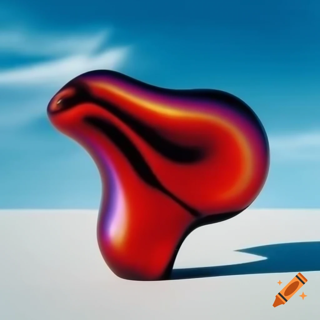 Red iridescent glass statue against bright sky in pop surreal photography style
