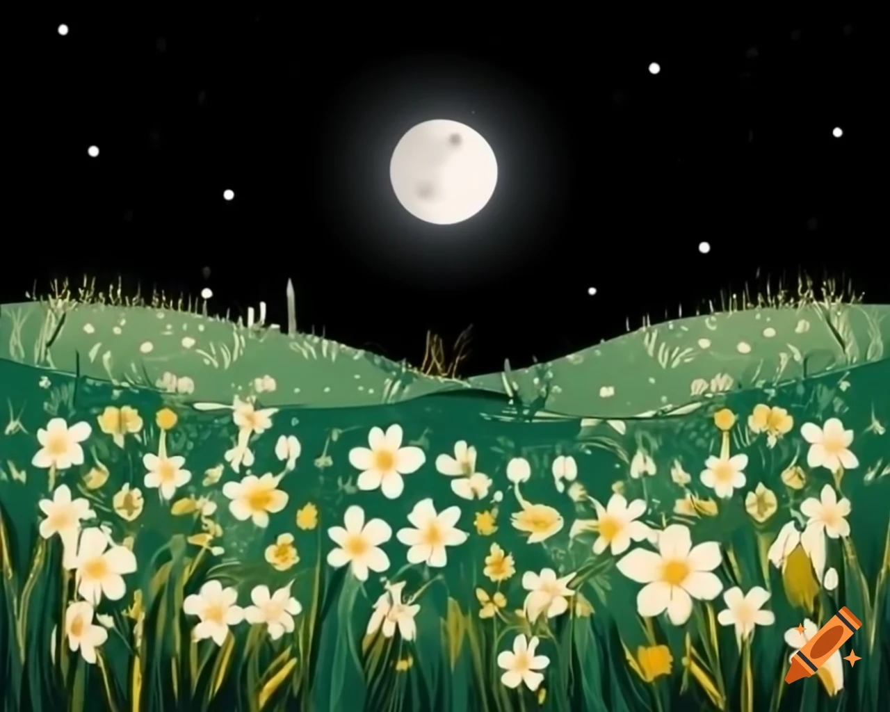 Meadow flowers and ethereal moon with starry sky background