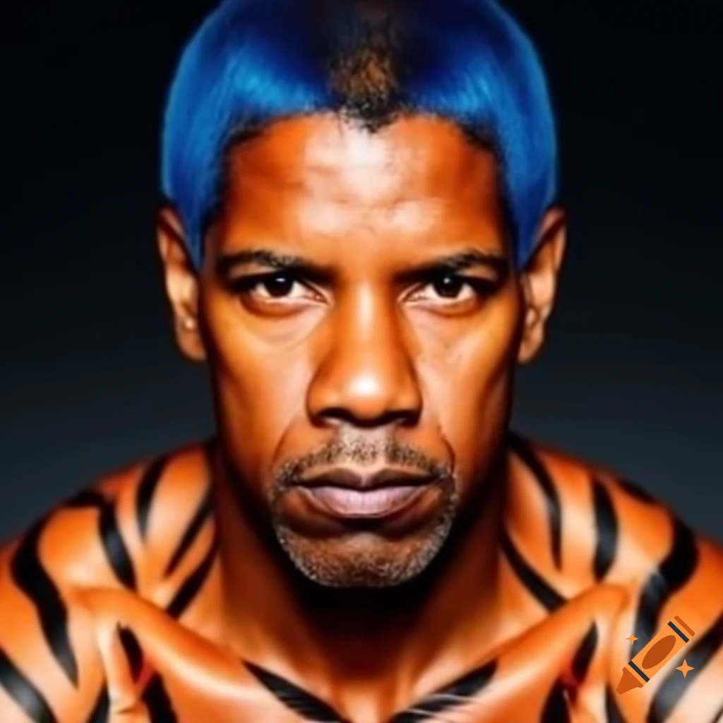 Muscular character with tiger-style makeup, blue hair and orange skin with black stripes