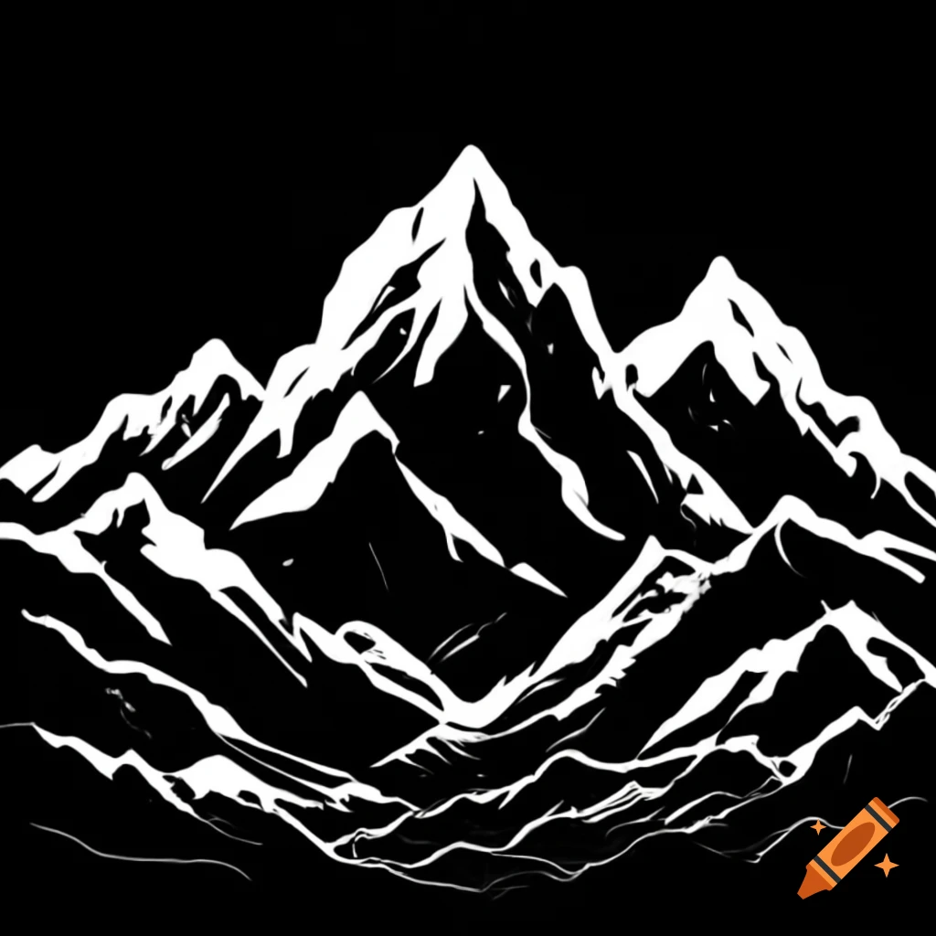 Jagged mountain range silhouette in black and white at night on Craiyon