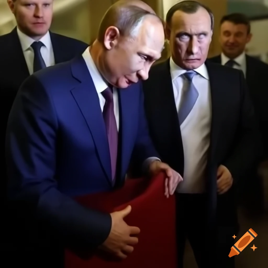 Shocked expression of Vladimir Putin looking at a swollen suitcase