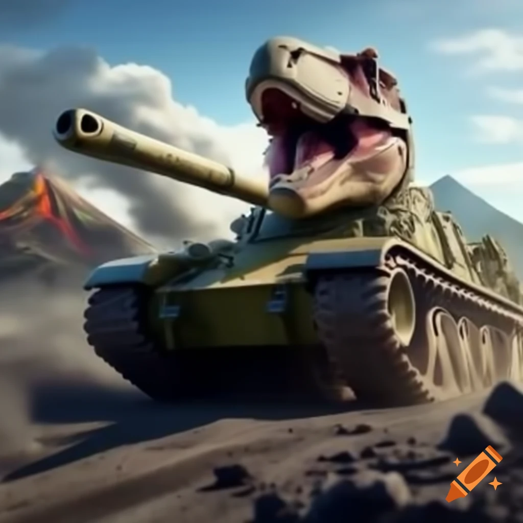 T-Rex driving a tank across a volcano