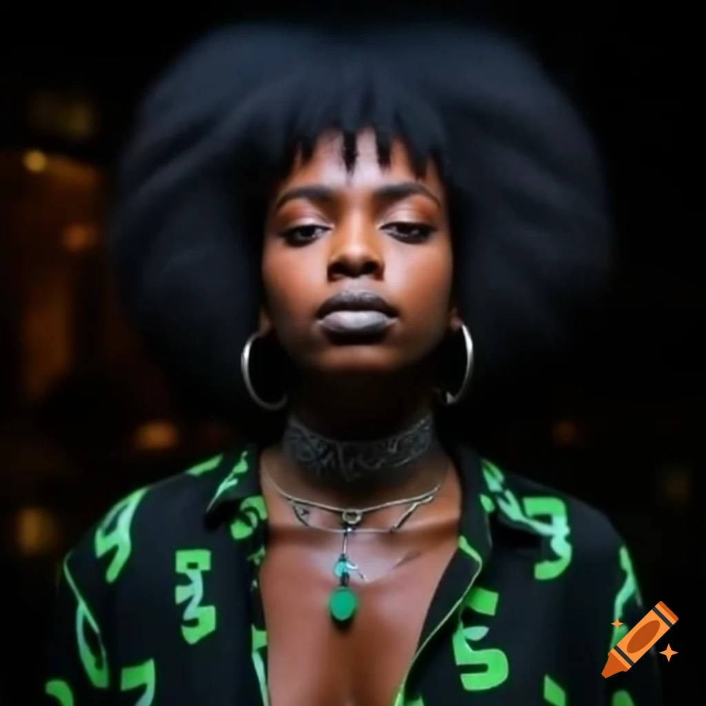 Confident black woman with Afro and voodoo jewelry in San Francisco at night