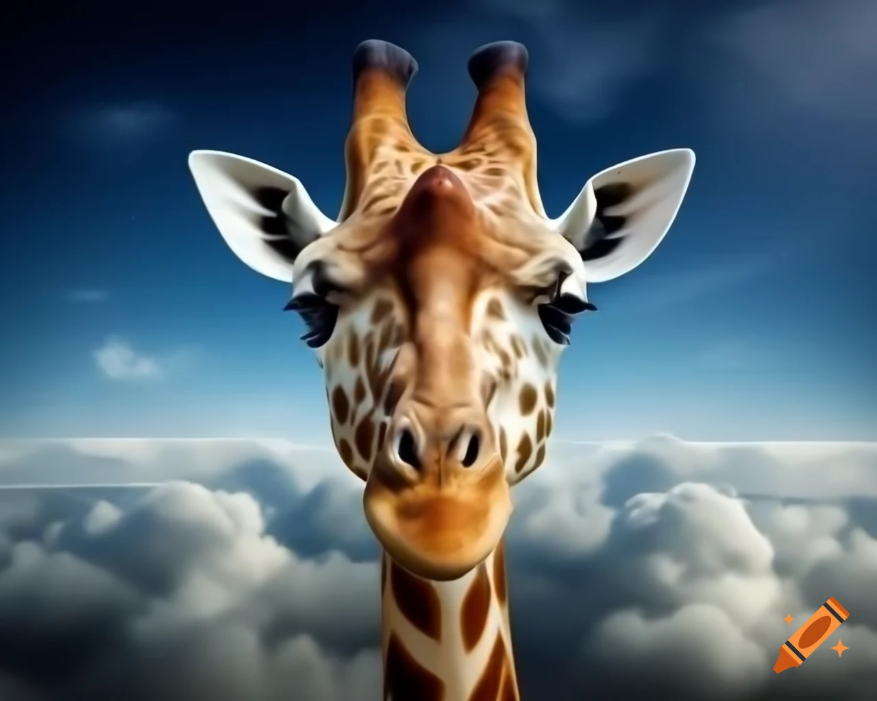 Giraffe's head emerging from foggy clouds in surreal high-detail painting
