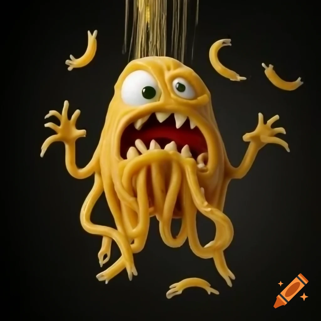 Flying spaghetti monster with noodle body and meatball head