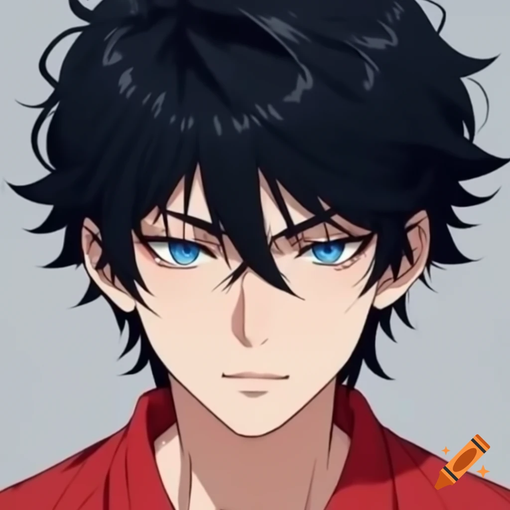 Anime-style captain of soccer team with black hair and blue eyes, wearing red or blue shirt