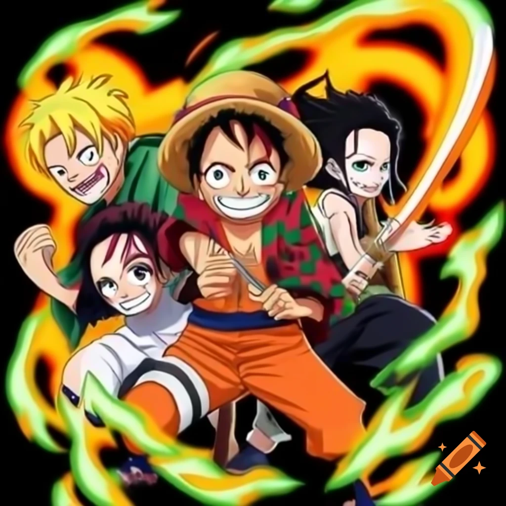 Anime group illustration featuring Naruto, Luffy, Tanjiro, Eren, and Yuji