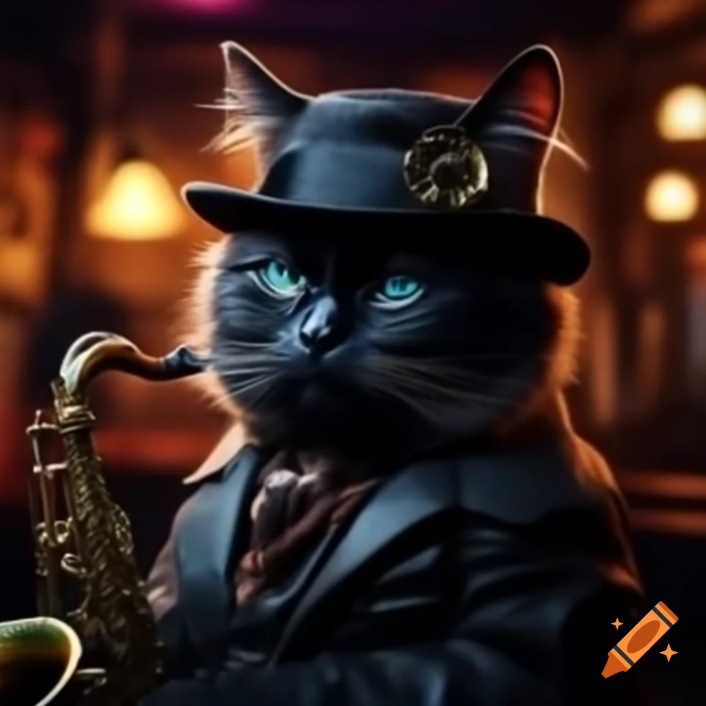 Black cat in vintage outfit with shades and fedora under spotlight in dim bar