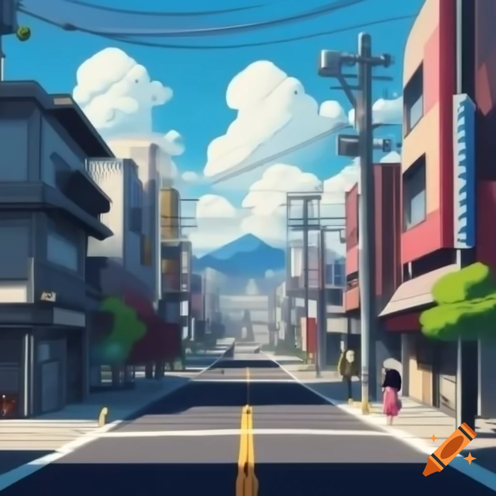 Vibrant modern cityscape in Iberian peninsula style, drawn in anime