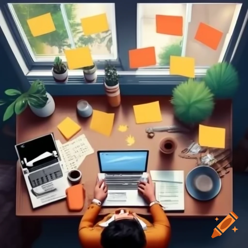 Freelancer workspace with laptop, motivational notes, coffee, plant, and natural light