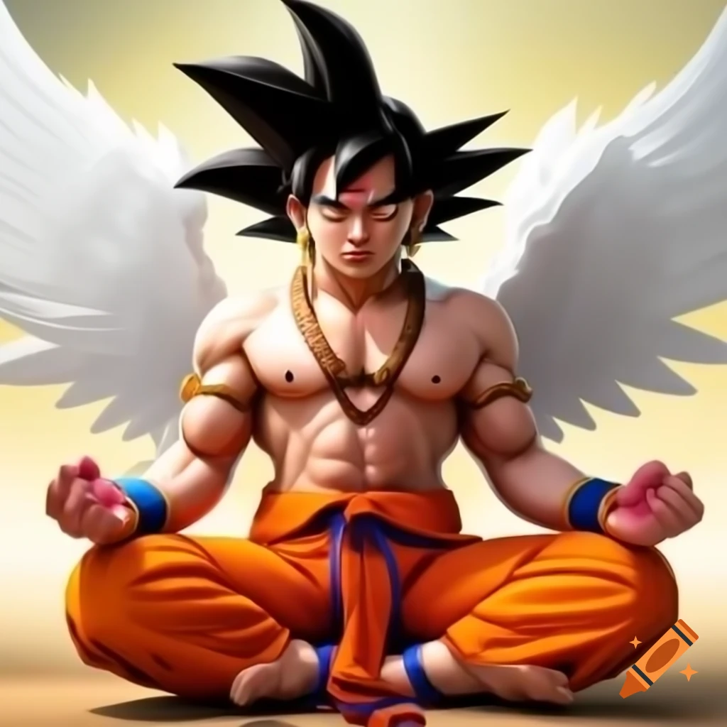Goku as Hanuman character meditating with angel wings