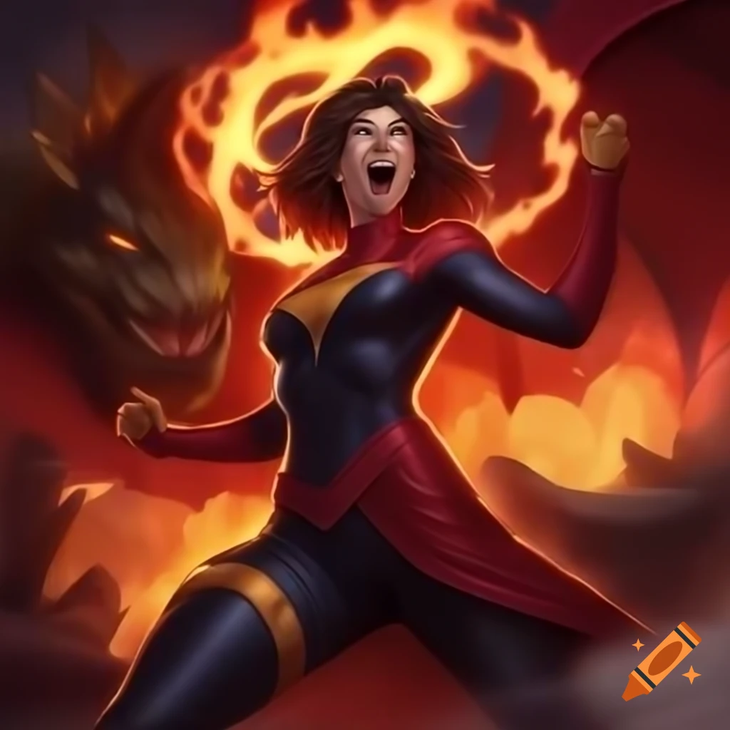 Woman villain with fire superpowers and dragon pet