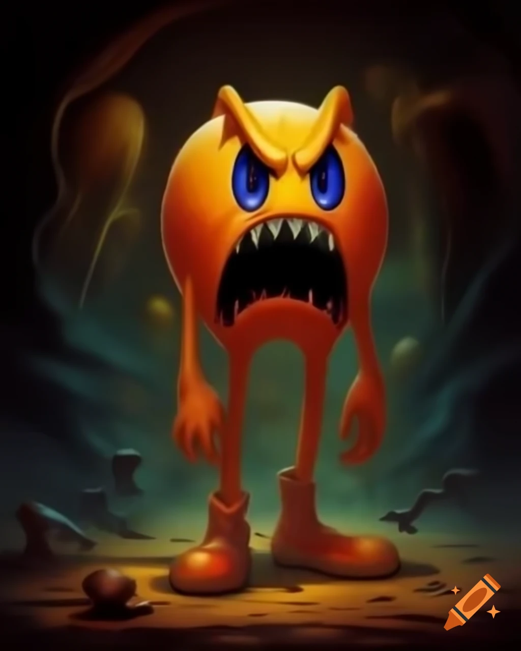 Surreal illustration of Pacman in a creepy, weird style by Greg Rutkowski