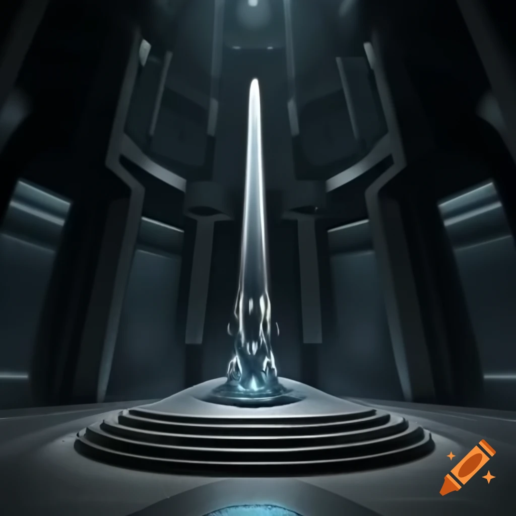Futuristic metallic angel with alien design hovering in metal room, guarding black obelisk