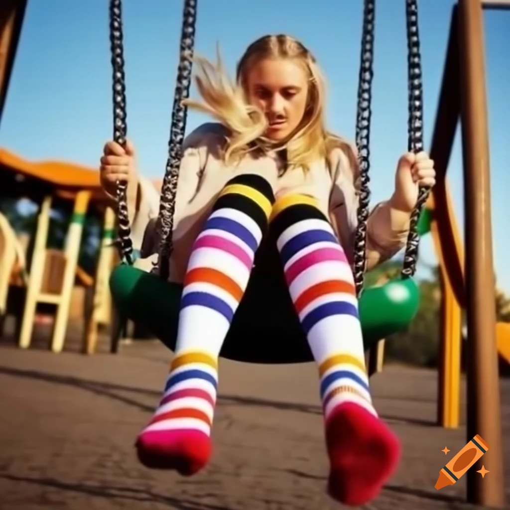 Woman with blonde braids swinging in playground, colorful striped ankle socks visible