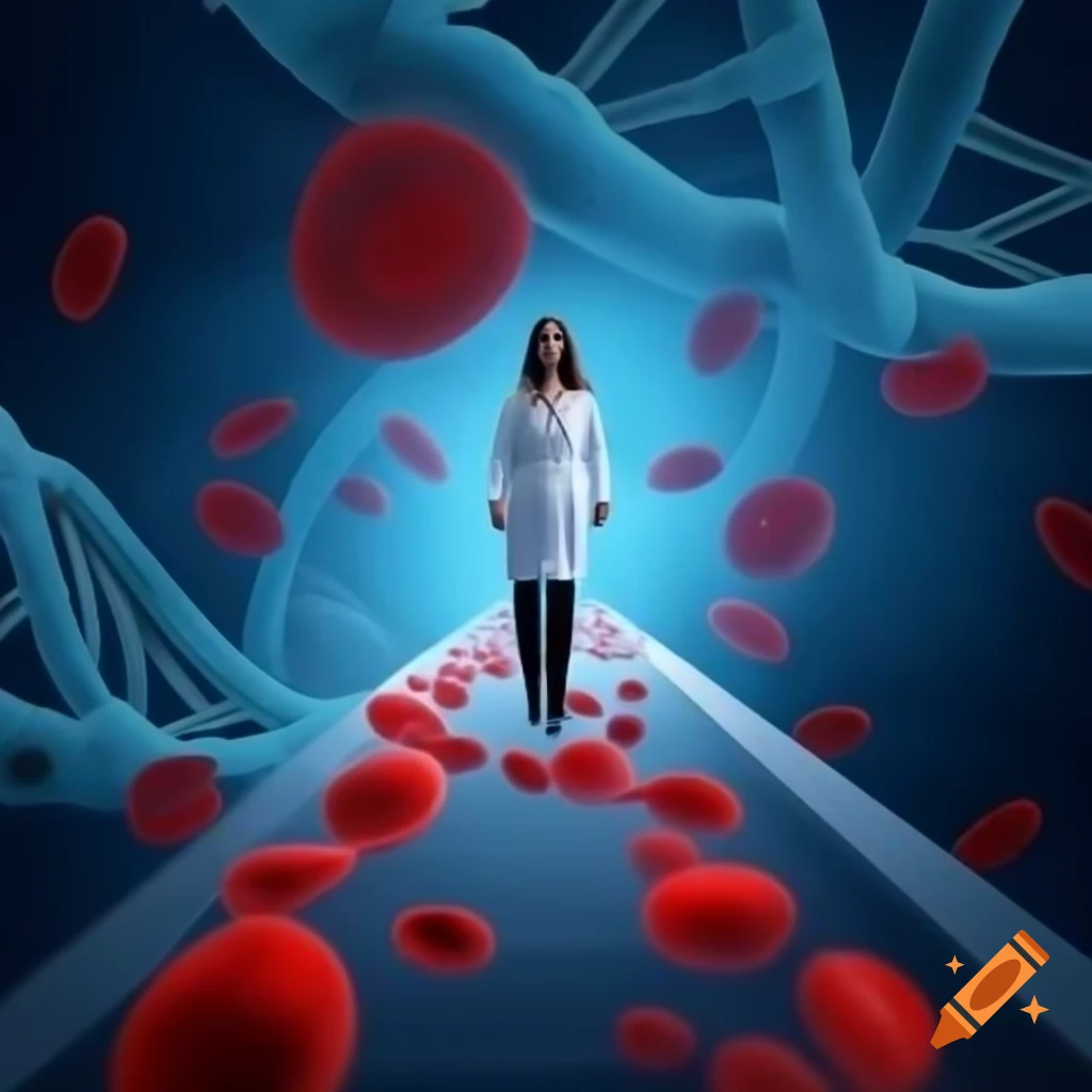 Futuristic pathologist in medical lab with DNA molecules and red blood cells