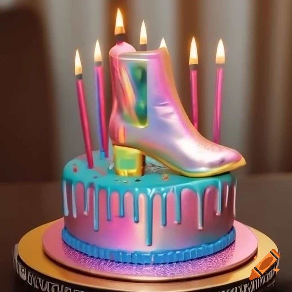 Iridescent boot birthday cake decorated with candles