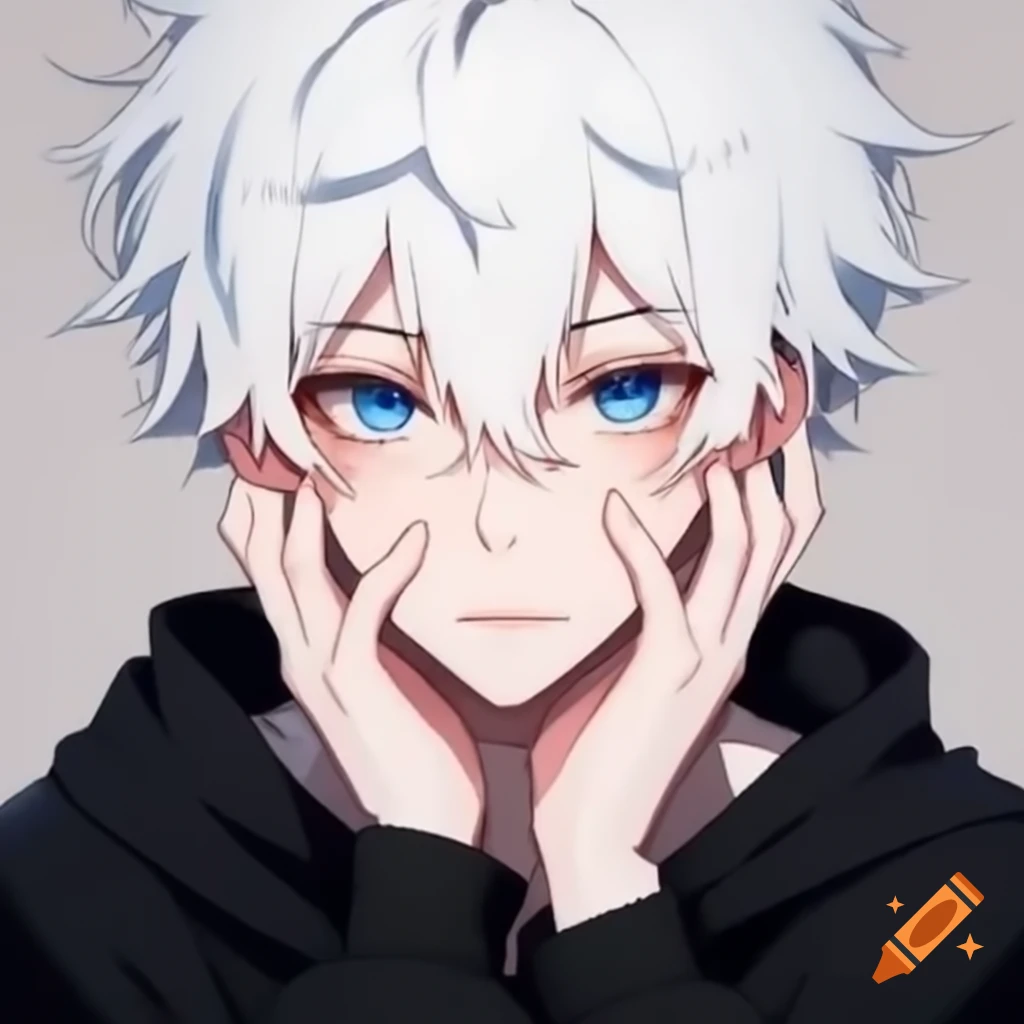 Close-up portrait of young anime male with white hair and blue eyes in black outfit