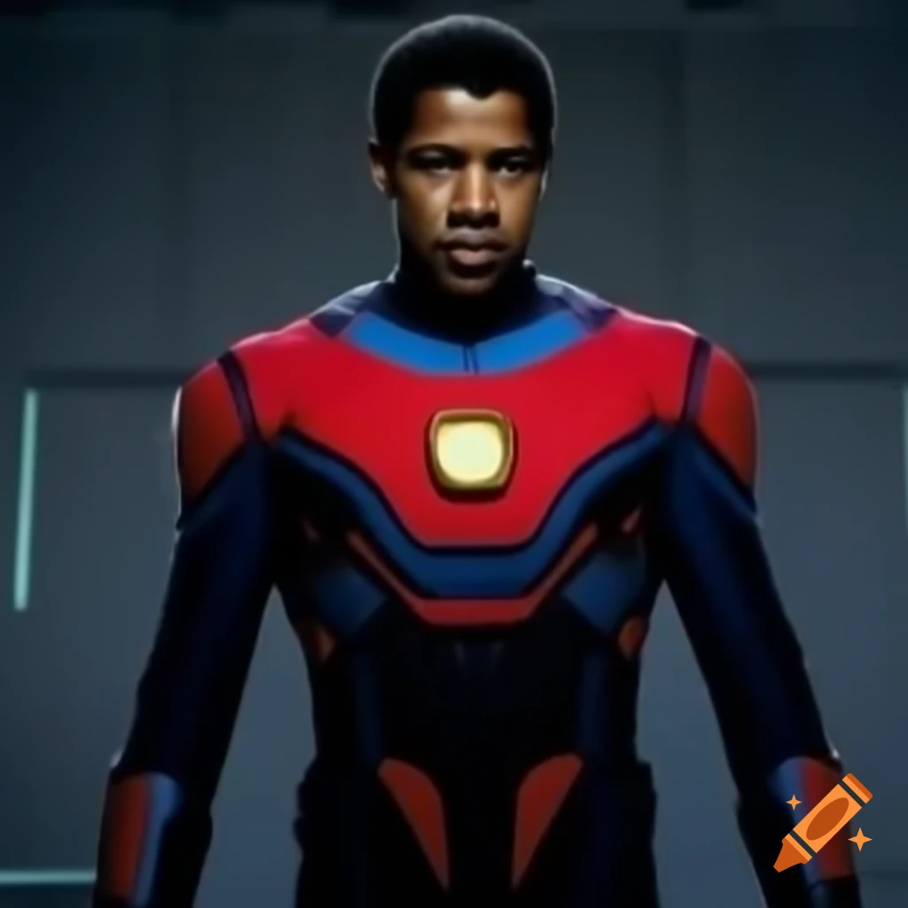 Denzel Washington in futuristic red and black suit with blue patterns and yellow square